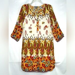 Figueroa & Flower Yellow Pink Floral Paisley Shirt Dress‎ Bohemian Sz L